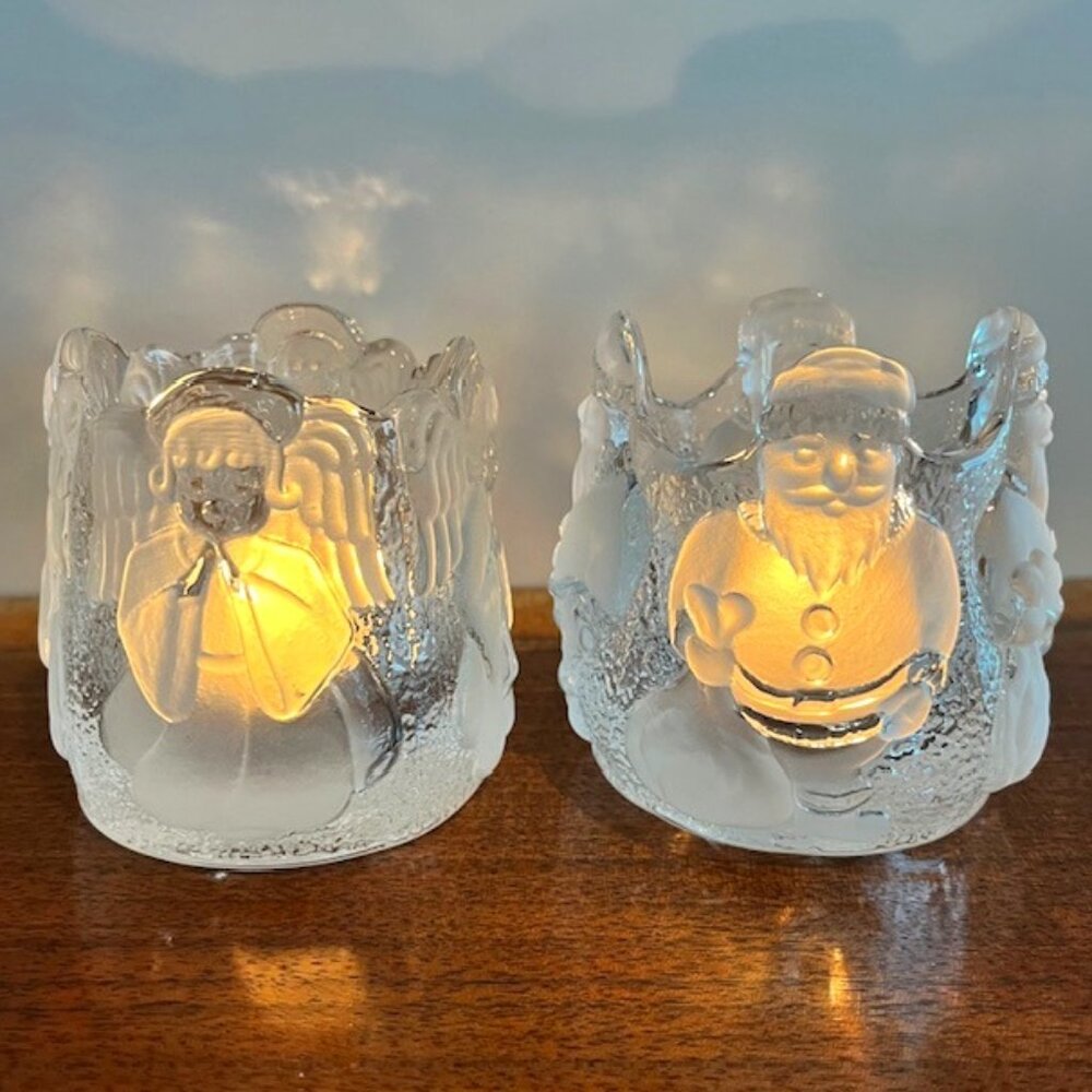 Pair Nybro Sweden Crystal Frosted Glass Angel Santa Votive Candle Holders